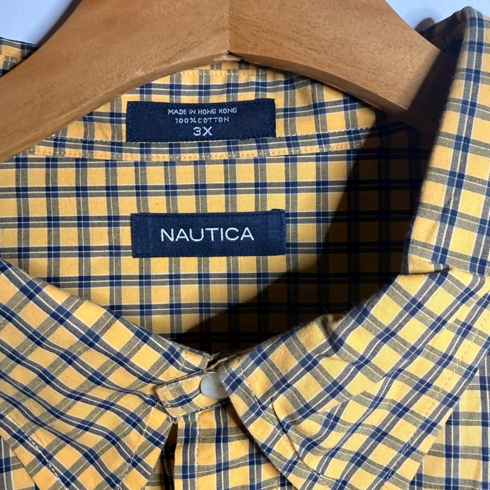 Nautica Men's Yellow and Blue Checkered Shirt
